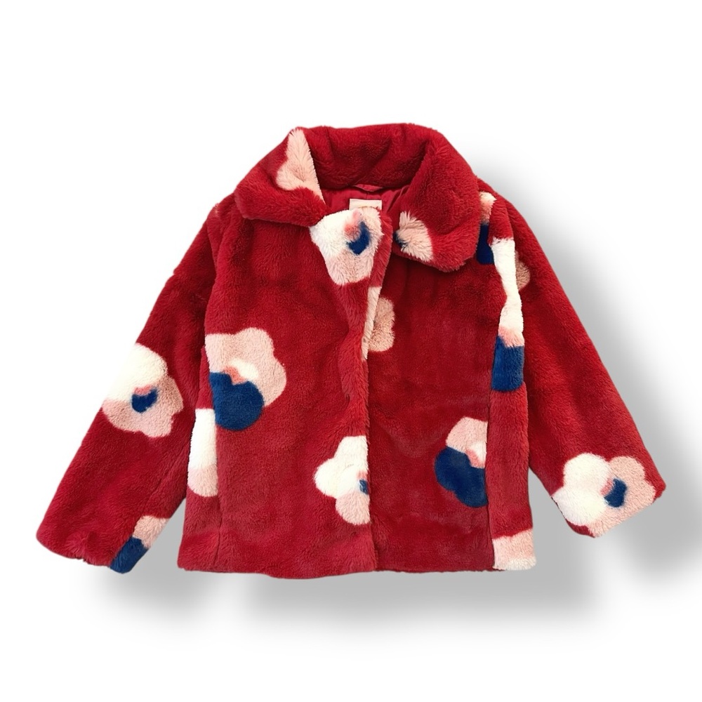 C&C California Red Faux Fur Kids Jacket with Pink & Blue Floral Accents